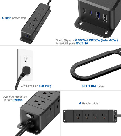 30W USB C Power Strip Surge Protector,Ultra Thin Flat Plug Power Strip 4 Side 12 Outlets,1 PD Fast Charing,2 USB-C, 2 USB-A(4 USB Total 40W),6Ft Slim Extension Cord,16 in 1 Desk Power Bar,1200J Black