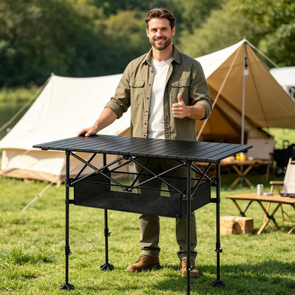 AORAN Portable Folding Outdoor Picnic Table, Heavy Duty Steel Frame Ultra Light Compact Foldable Table with Large Storage Mesh Basket, Detachable Design for Beach, Camping, Travel, Backyard Barbecue & Picnics