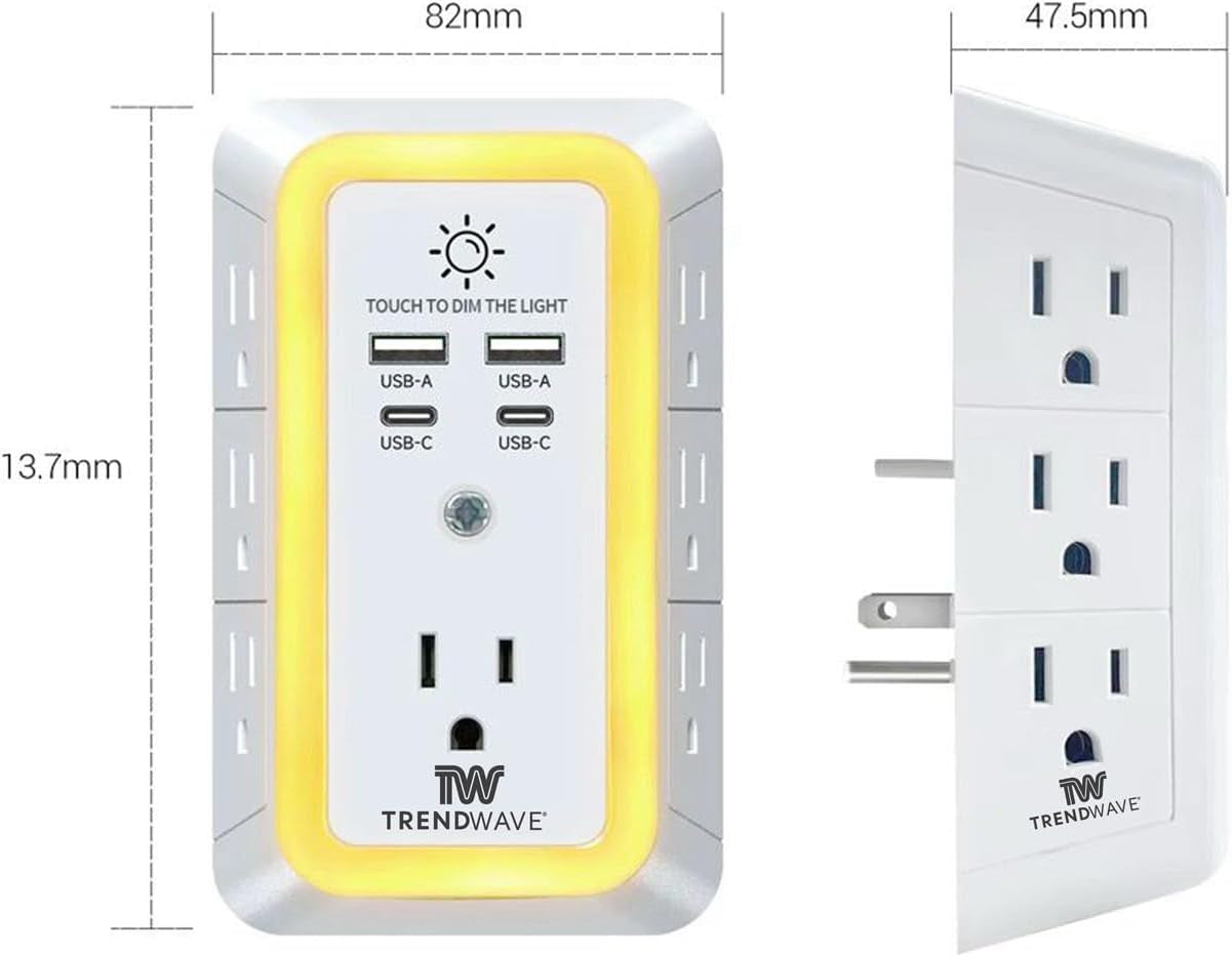 Multi Plug Outlet Extender with USB Wall Charger, Surge Protector Power Strip – 7 AC Outlets & 4 USB Ports (2 USB C), 1680J Overload Protection, Night Light for Home, Office, Travel