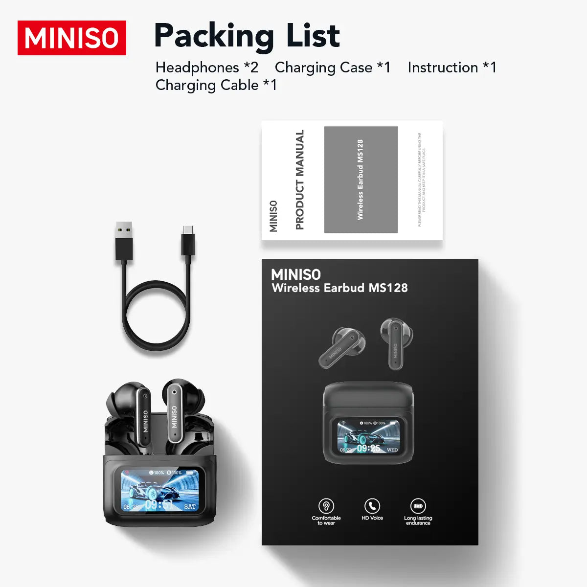 MINISO MS128 Wireless Earbuds, TWS Bluetooth 6.0Headphones, Touch Control LCD Full Color Display Screenear Buds, Wireless Earphones with Mic