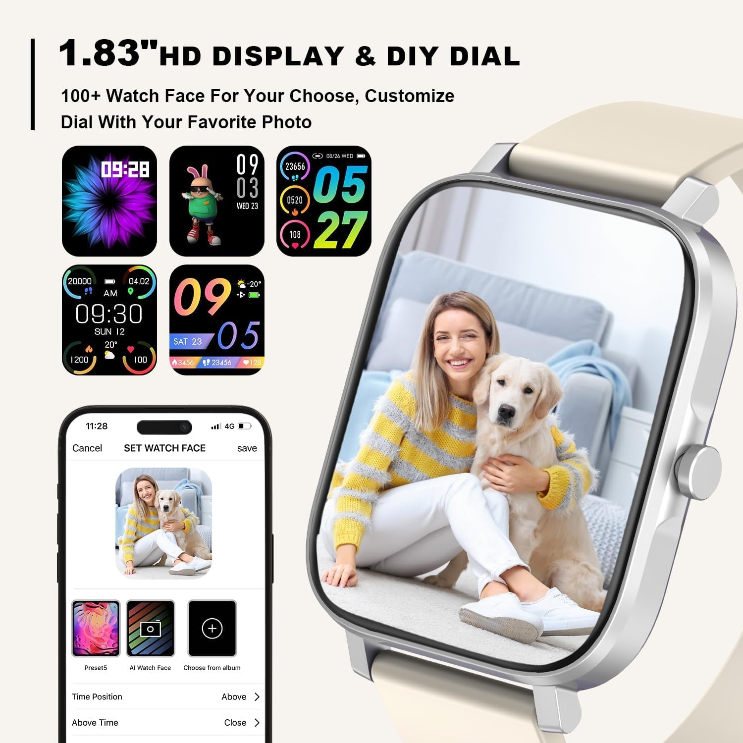 Smart Watch for Men Women Compatible with Iphone Samsung Android Phone 1.69 Inch Full Touch Screen IP68 Waterproof Bluetooh Fitness Tracker Heart Rate/Sleep Monitor (Starlight)