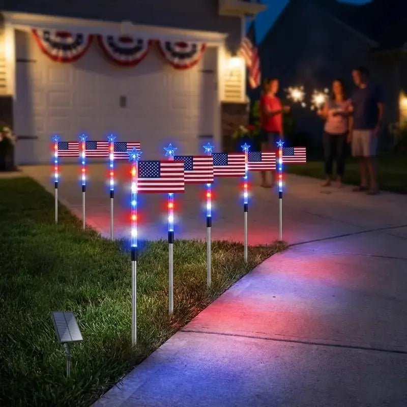 8 Piece Solar American Flag Pathway Lights, 2026 Patriotic Red White Blue Outdoor Stake with 8 Modes, July 4Th Decor Solar Pathway Waterproof LED Light, American Flag Yard Garden Light