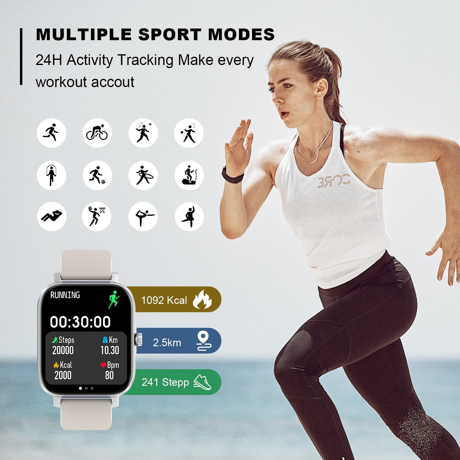 Smart Watch for Men Women Compatible with Iphone Samsung Android Phone 1.69 Inch Full Touch Screen IP68 Waterproof Bluetooh Fitness Tracker Heart Rate/Sleep Monitor (Starlight)