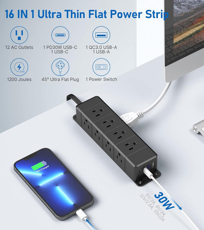 30W USB C Power Strip Surge Protector,Ultra Thin Flat Plug Power Strip 4 Side 12 Outlets,1 PD Fast Charing,2 USB-C, 2 USB-A(4 USB Total 40W),6Ft Slim Extension Cord,16 in 1 Desk Power Bar,1200J Black