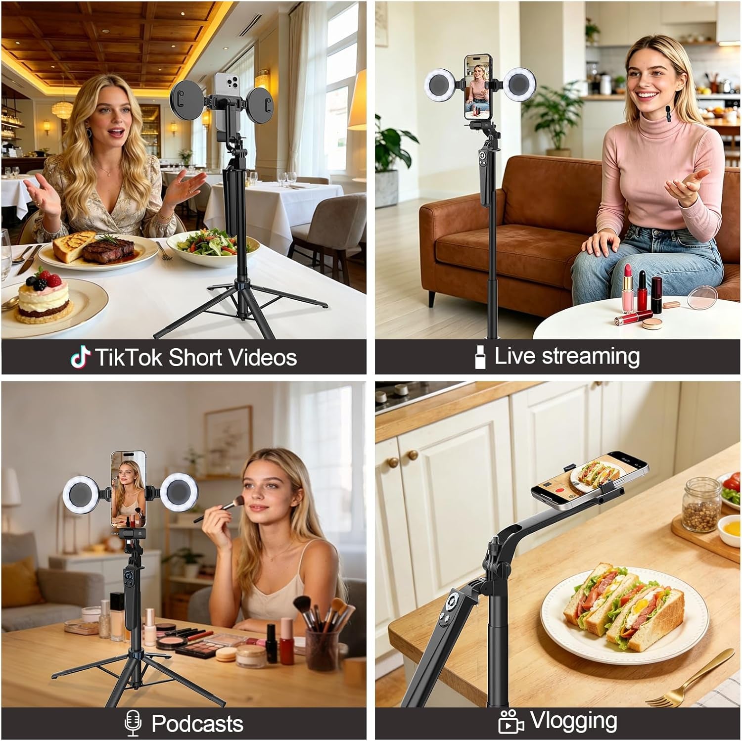 Content Creator Essentials Vlogging Kit for Iphone, 71" Tripod for Iphone Video Recording with Light, Wireless Microphones, Remote, Selfie Stick Phone Stand for Tiktok, Youtube