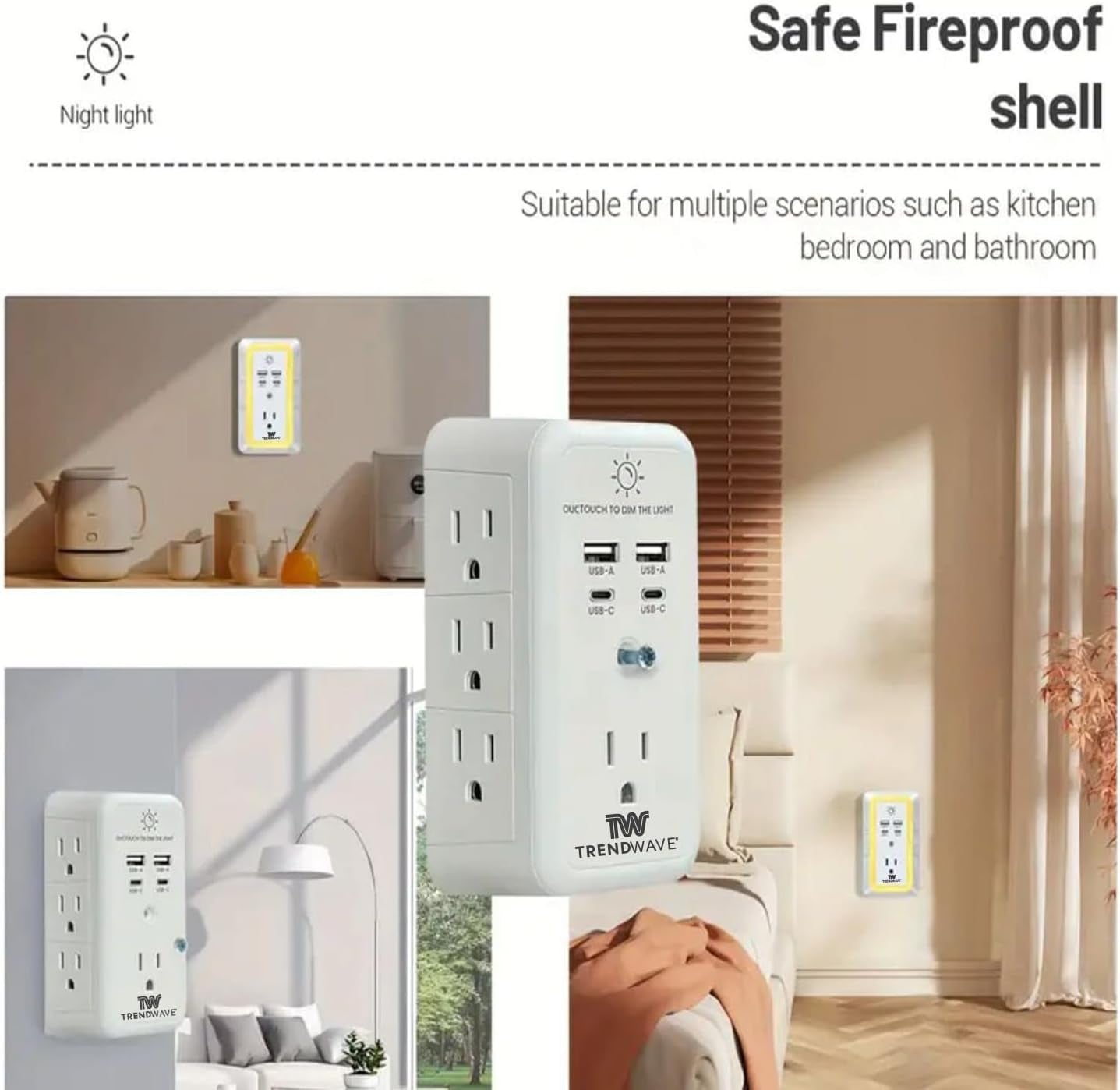 Multi Plug Outlet Extender with USB Wall Charger, Surge Protector Power Strip – 7 AC Outlets & 4 USB Ports (2 USB C), 1680J Overload Protection, Night Light for Home, Office, Travel