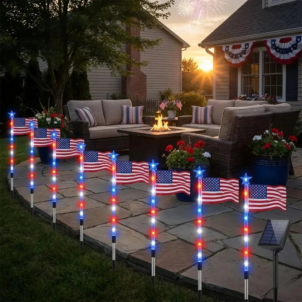 8 Piece Solar American Flag Pathway Lights, 2026 Patriotic Red White Blue Outdoor Stake with 8 Modes, July 4Th Decor Solar Pathway Waterproof LED Light, American Flag Yard Garden Light