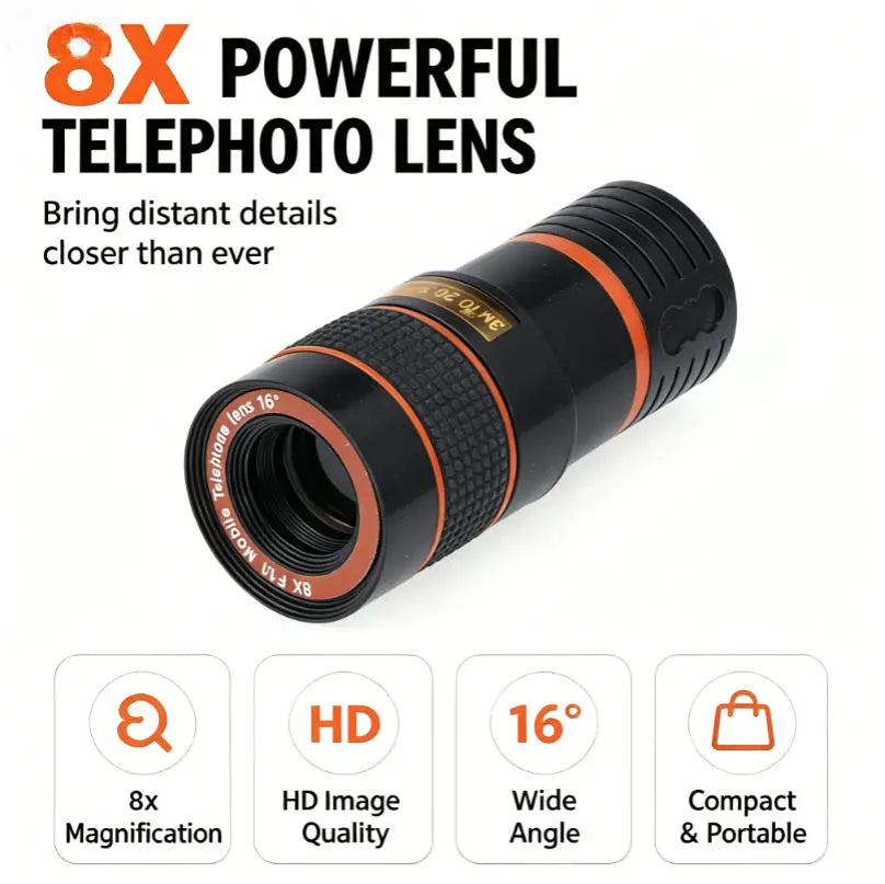 Universal 8X Clip-On Phone Telephoto Lens - Portable HD Photography Telescope Lens, Perfect for Concerts, Sports Games & Travel