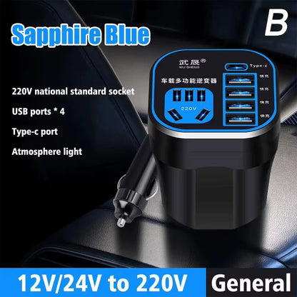 Car Power Inverter 24V 12V 220V 120W Led Display 3 Car Mounted Cup Type Inverter Converter QC Charger Pocket Inverter