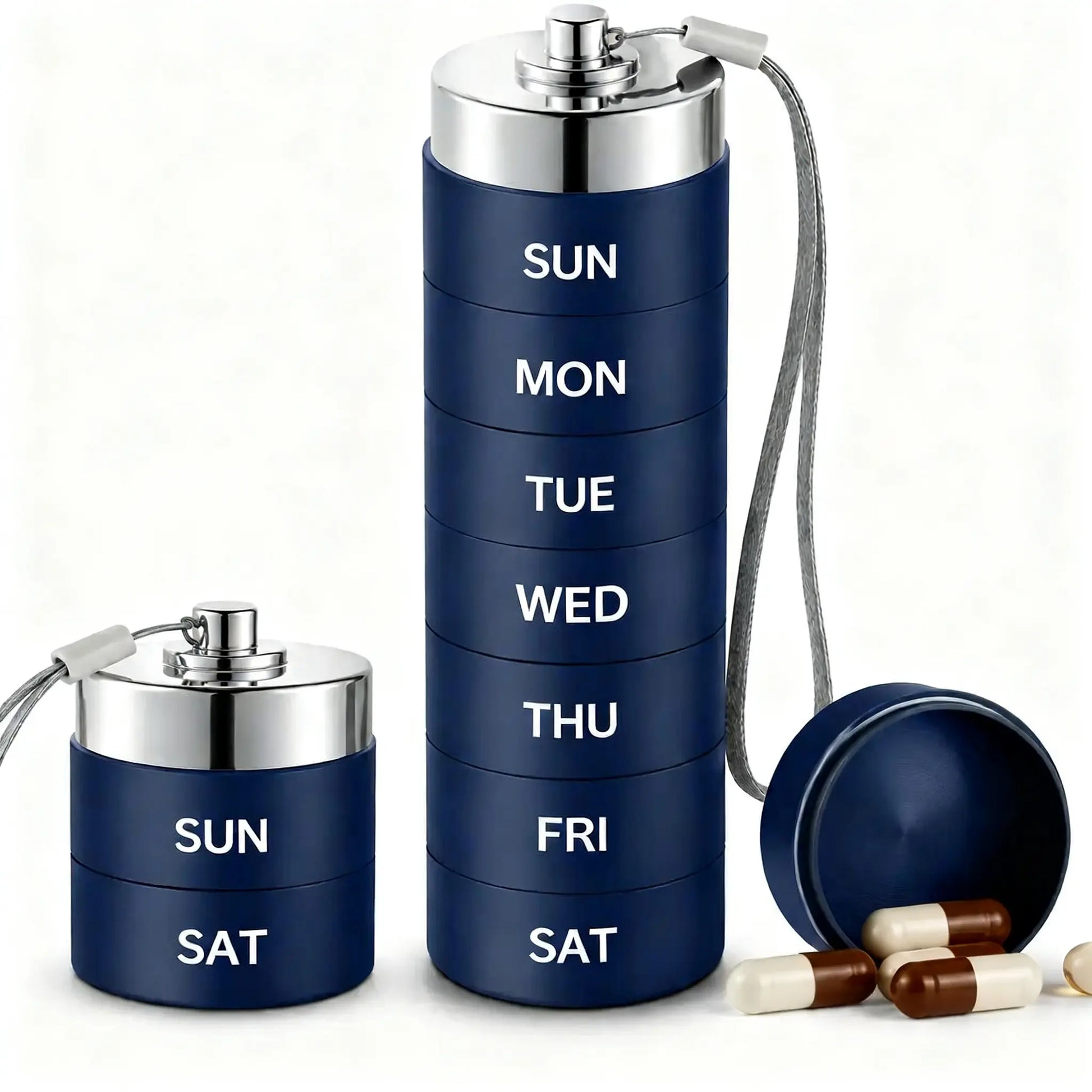 Travel Pill 7 Day Pill Organizer Box Weekly Medication Planner with Detachable Compartments Portable Case Suited for Purse or Backpack Aluminum Vitamin Storage Container Designed for Easy Use Practical Gift for Daily Wellness