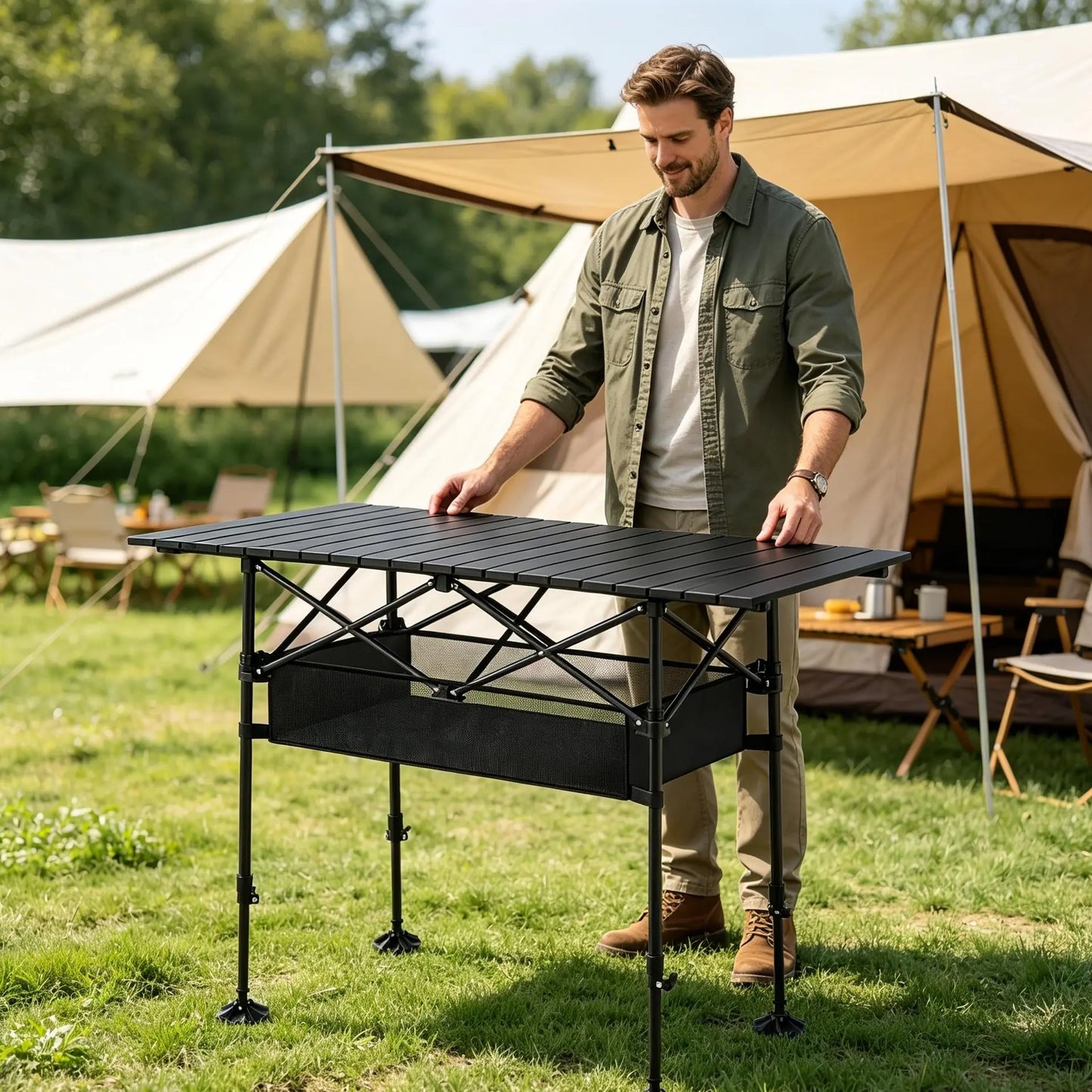 AORAN Portable Folding Outdoor Picnic Table, Heavy Duty Steel Frame Ultra Light Compact Foldable Table with Large Storage Mesh Basket, Detachable Design for Beach, Camping, Travel, Backyard Barbecue & Picnics