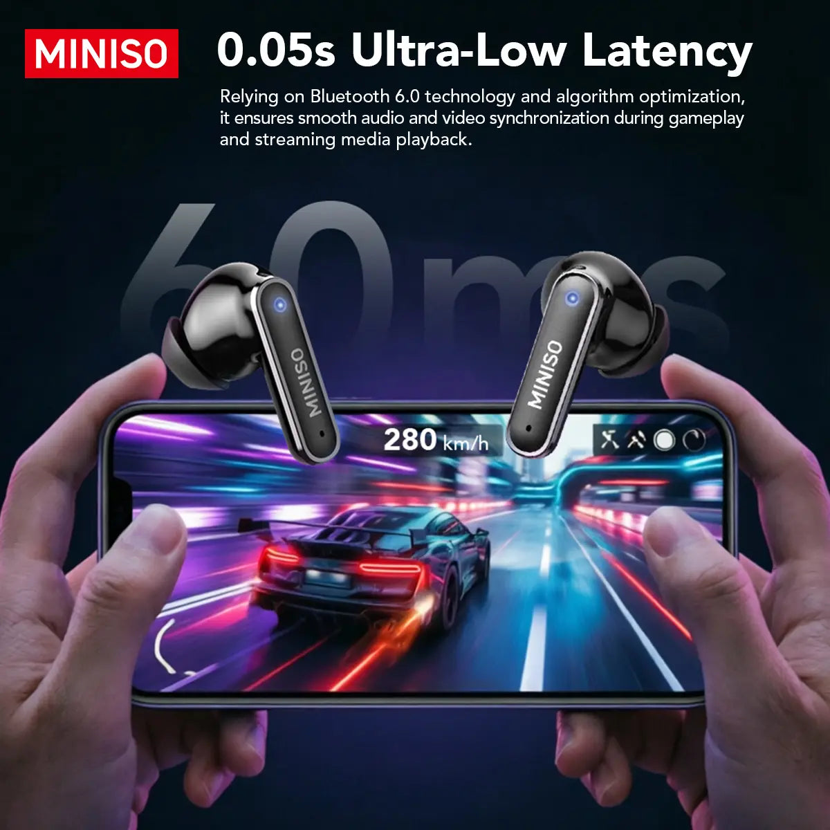 MINISO MS128 Wireless Earbuds, TWS Bluetooth 6.0Headphones, Touch Control LCD Full Color Display Screenear Buds, Wireless Earphones with Mic