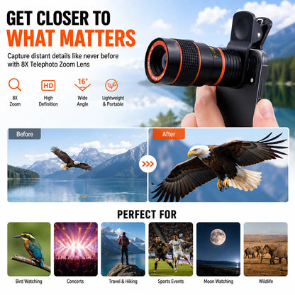 Universal 8X Clip-On Phone Telephoto Lens - Portable HD Photography Telescope Lens, Perfect for Concerts, Sports Games & Travel