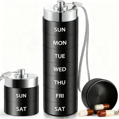 Travel Pill 7 Day Pill Organizer Box Weekly Medication Planner with Detachable Compartments Portable Case Suited for Purse or Backpack Aluminum Vitamin Storage Container Designed for Easy Use Practical Gift for Daily Wellness