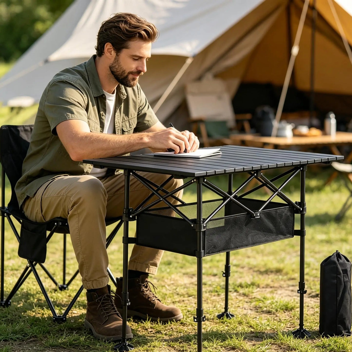 AORAN Portable Folding Outdoor Picnic Table, Heavy Duty Steel Frame Ultra Light Compact Foldable Table with Large Storage Mesh Basket, Detachable Design for Beach, Camping, Travel, Backyard Barbecue & Picnics