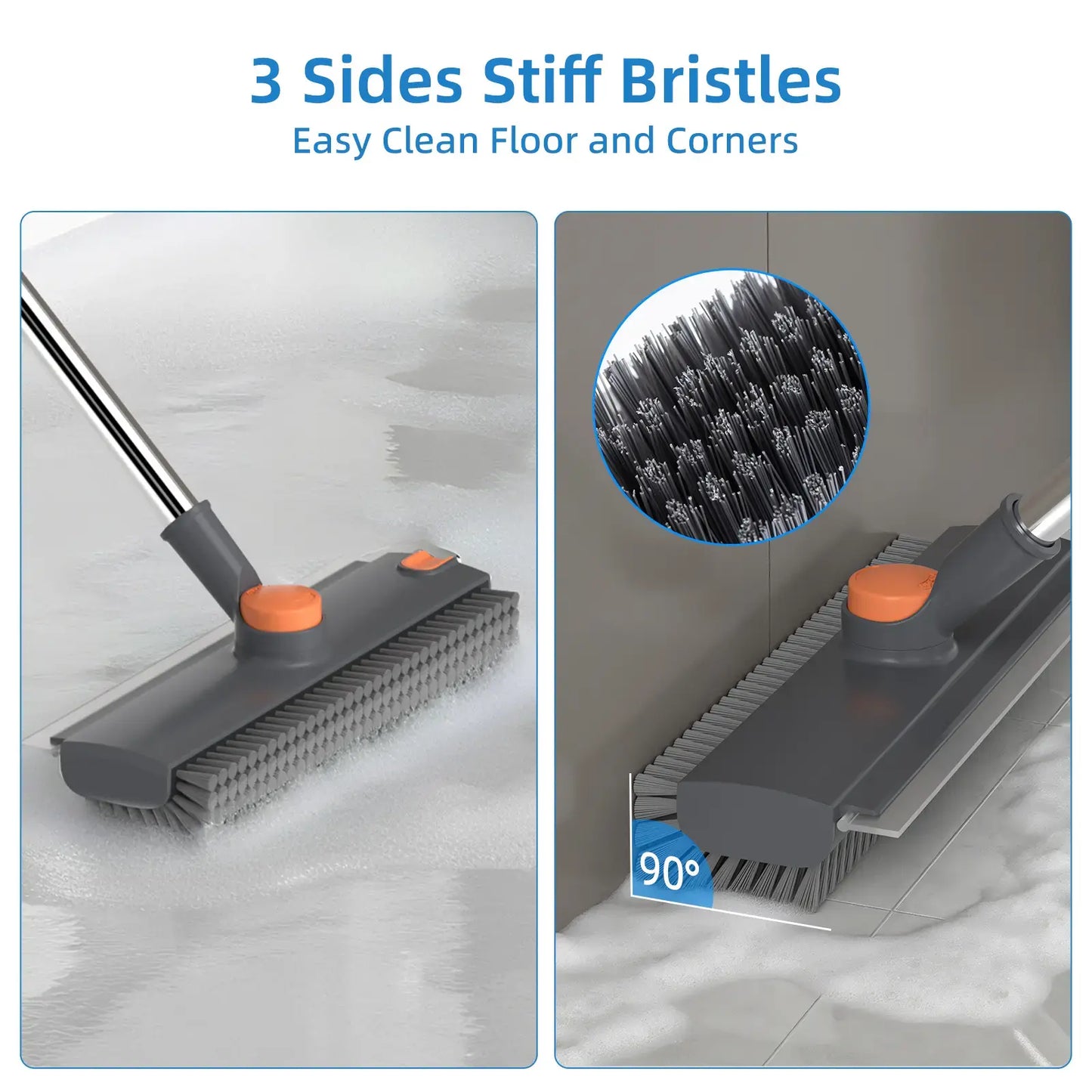 360° Rotating Floor Scrub Brush with Long Handle, 3-In-1 Scrubber & Squeegee for Bathroom, Tile, Shower, Garage and Outdoor Cleaning