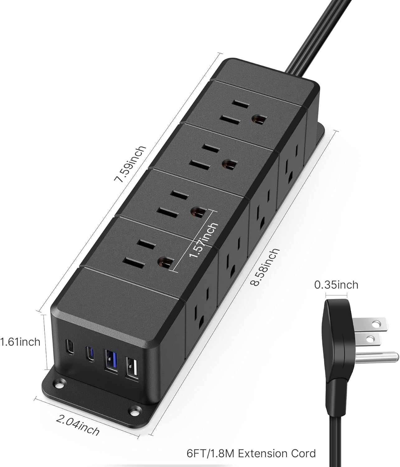 30W USB C Power Strip Surge Protector,Ultra Thin Flat Plug Power Strip 4 Side 12 Outlets,1 PD Fast Charing,2 USB-C, 2 USB-A(4 USB Total 40W),6Ft Slim Extension Cord,16 in 1 Desk Power Bar,1200J Black