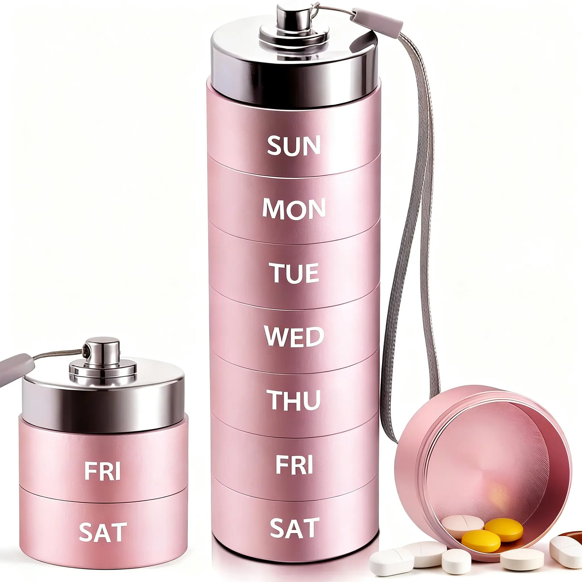 Travel Pill 7 Day Pill Organizer Box Weekly Medication Planner with Detachable Compartments Portable Case Suited for Purse or Backpack Aluminum Vitamin Storage Container Designed for Easy Use Practical Gift for Daily Wellness