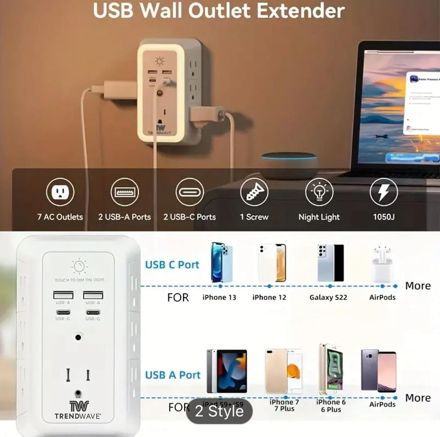 Multi Plug Outlet Extender with USB Wall Charger, Surge Protector Power Strip – 7 AC Outlets & 4 USB Ports (2 USB C), 1680J Overload Protection, Night Light for Home, Office, Travel