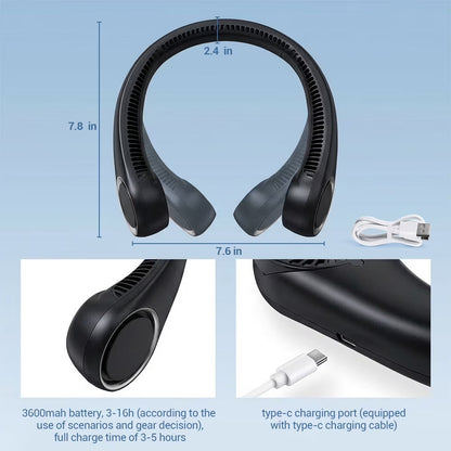 Portable Neck Fan, 3 Speeds Hands Free Personal Wearable Bladeless Fan with 3600Mah Rechargeable Battery, Black