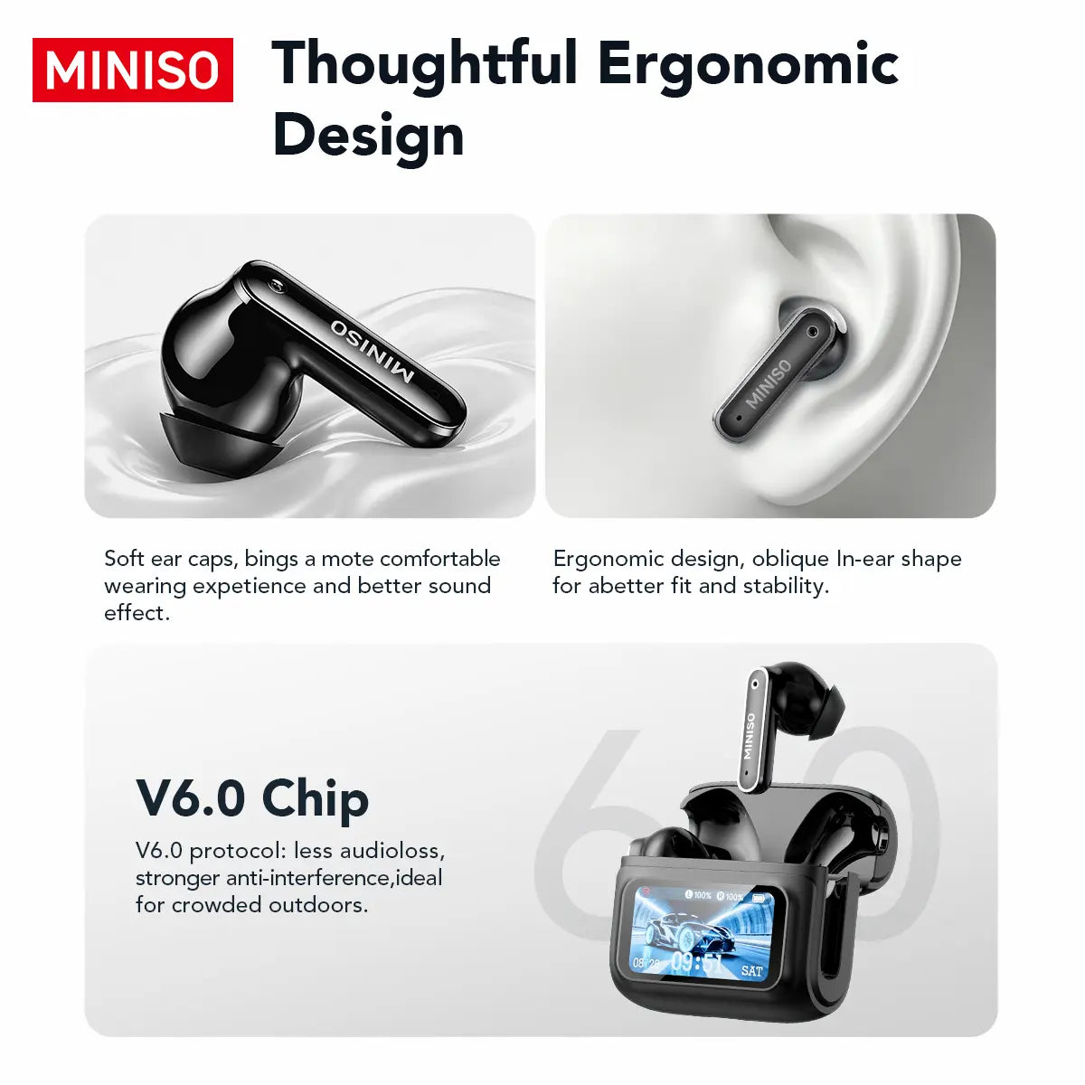 MINISO MS128 Wireless Earbuds, TWS Bluetooth 6.0Headphones, Touch Control LCD Full Color Display Screenear Buds, Wireless Earphones with Mic