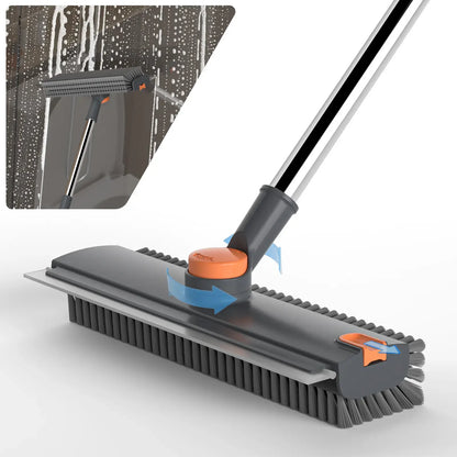 360° Rotating Floor Scrub Brush with Long Handle, 3-In-1 Scrubber & Squeegee for Bathroom, Tile, Shower, Garage and Outdoor Cleaning