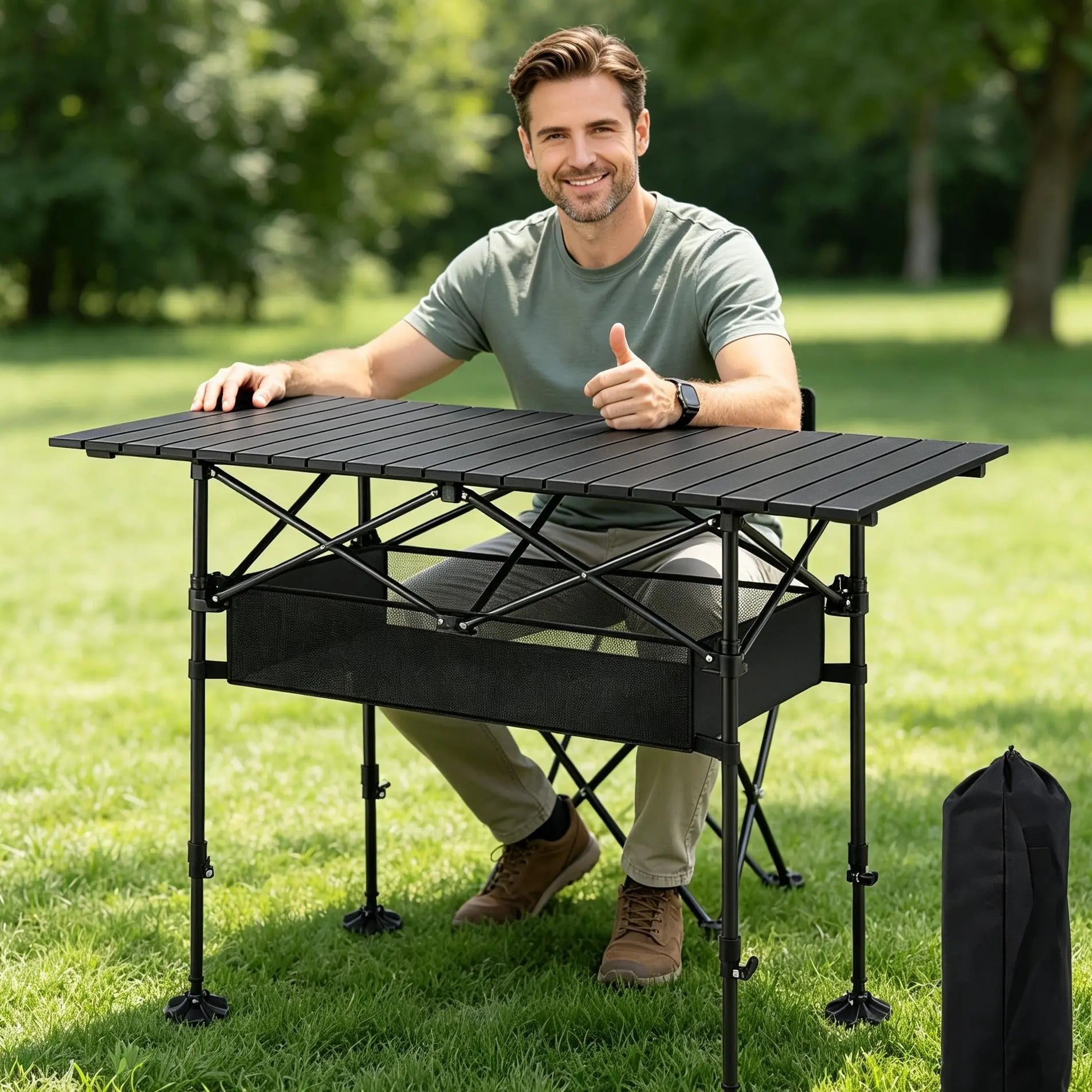 AORAN Portable Folding Outdoor Picnic Table, Heavy Duty Steel Frame Ultra Light Compact Foldable Table with Large Storage Mesh Basket, Detachable Design for Beach, Camping, Travel, Backyard Barbecue & Picnics