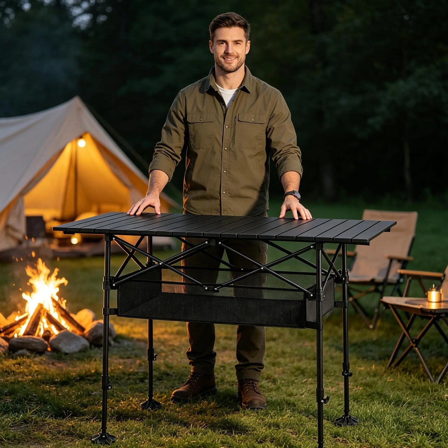 AORAN Portable Folding Outdoor Picnic Table, Heavy Duty Steel Frame Ultra Light Compact Foldable Table with Large Storage Mesh Basket, Detachable Design for Beach, Camping, Travel, Backyard Barbecue & Picnics