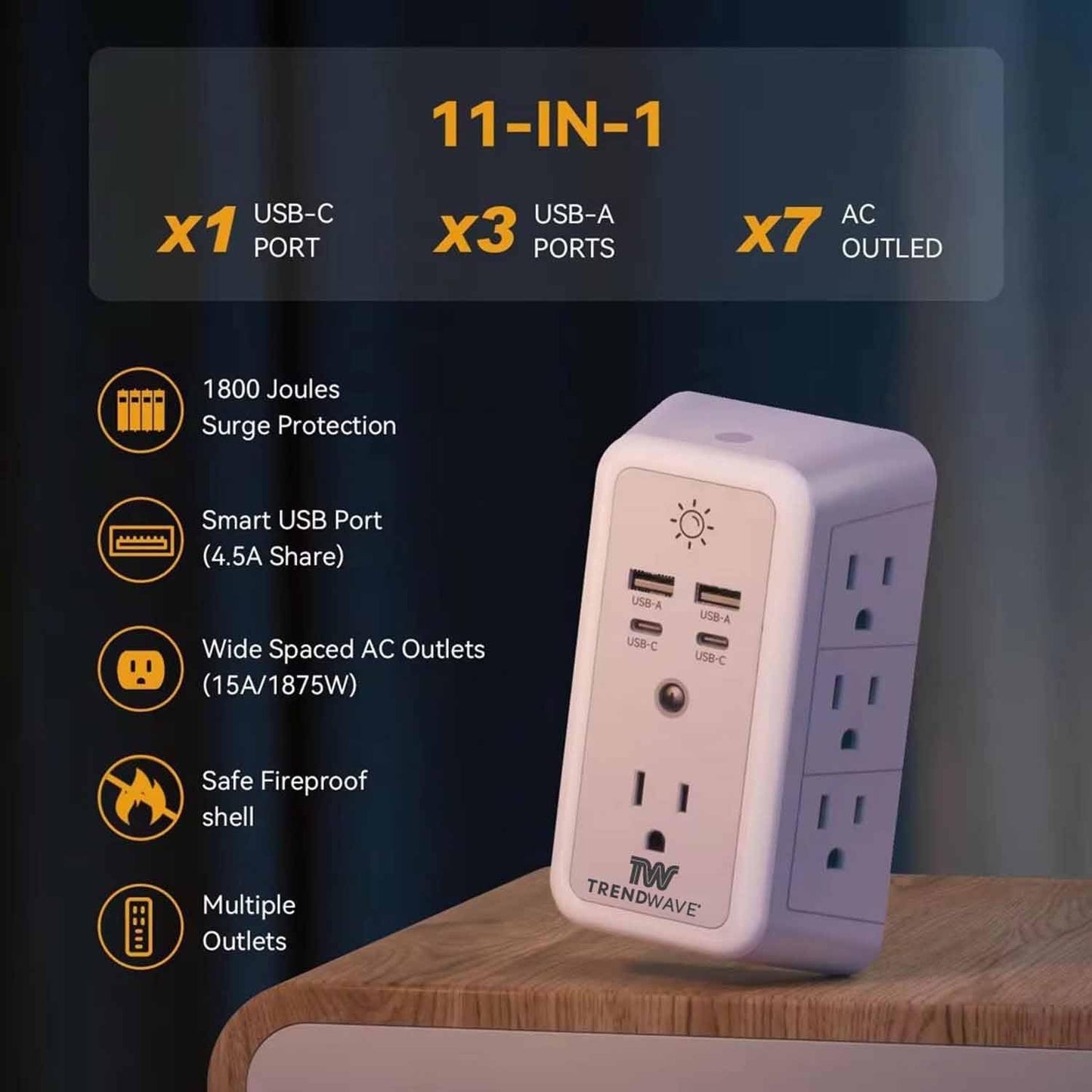 Multi Plug Outlet Extender with USB Wall Charger, Surge Protector Power Strip – 7 AC Outlets & 4 USB Ports (2 USB C), 1680J Overload Protection, Night Light for Home, Office, Travel