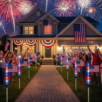 8 Piece Solar American Flag Pathway Lights, 2026 Patriotic Red White Blue Outdoor Stake with 8 Modes, July 4Th Decor Solar Pathway Waterproof LED Light, American Flag Yard Garden Light